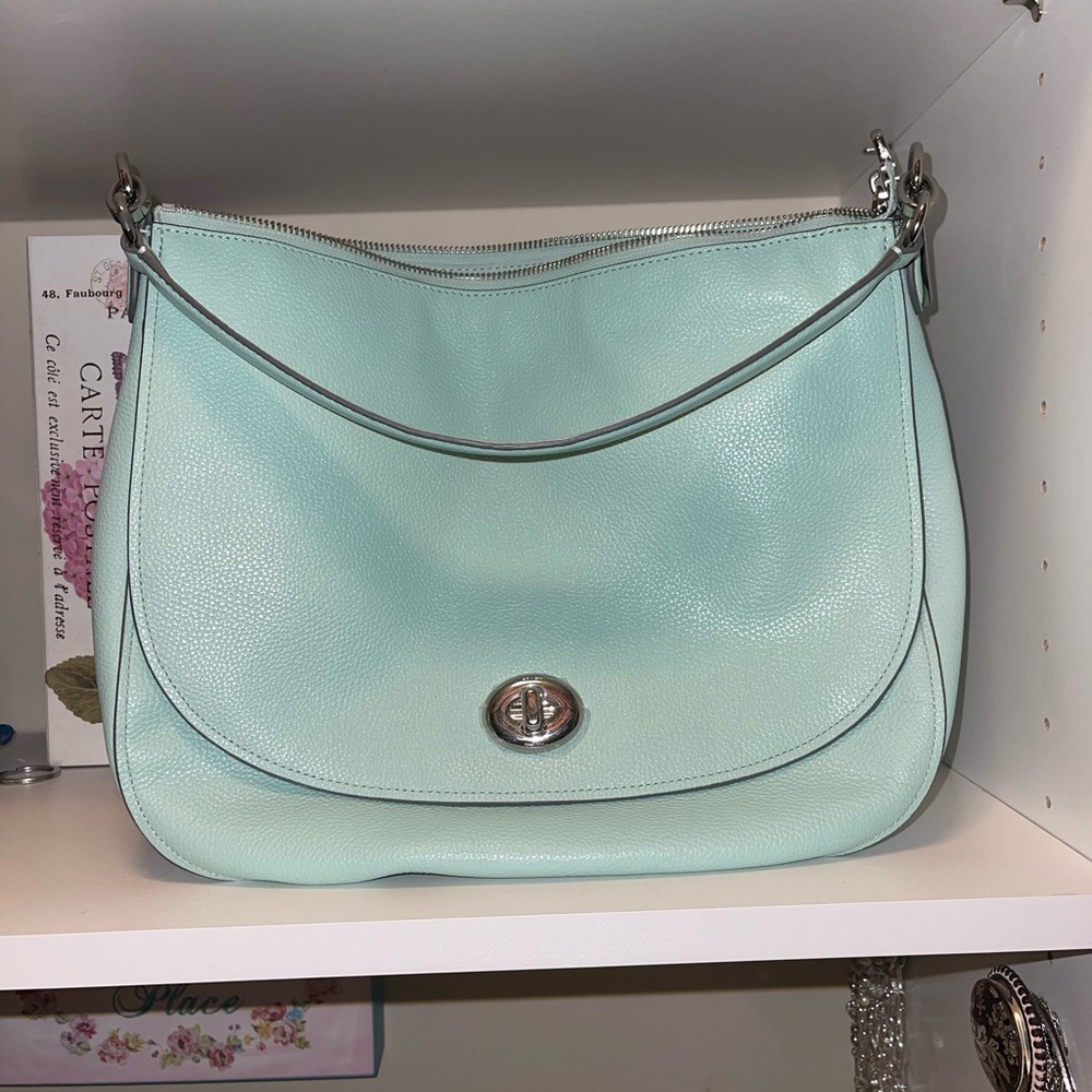 Coach Turnlock Seaglass Mint Green Pebbled Leather Hobo Bag